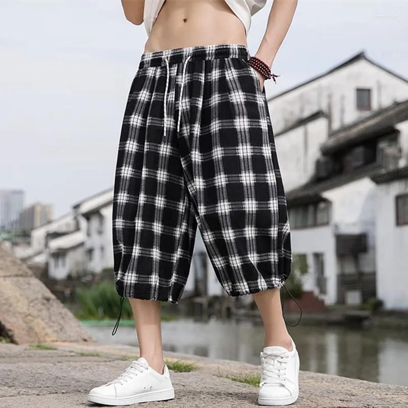 Pantalons pour hommes 2023 Été Plaid Hommes Mode Lâche Hip Hop Casual Shorts Coréen Mâle Harem Pantalon Tout-Match Confortable Joggers Streerwear