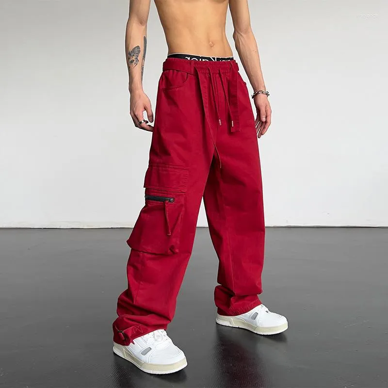 Men's Pants American Street Hip Hop Red Overalls Male Fashion Brand Ins High Retro Loose Straight Leg Wide Casual