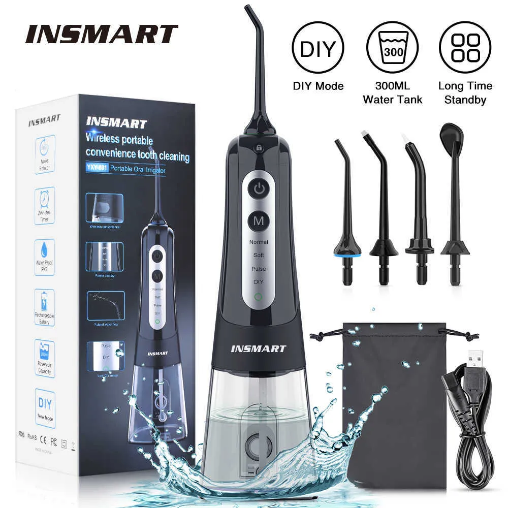 Irrigatori orali INSMART Irrigatore orale Flosser dentale Sbiancamento dei denti Impermeabile portatile Getto d'acqua dentale Filo interdentale 300ML Detergente L23125