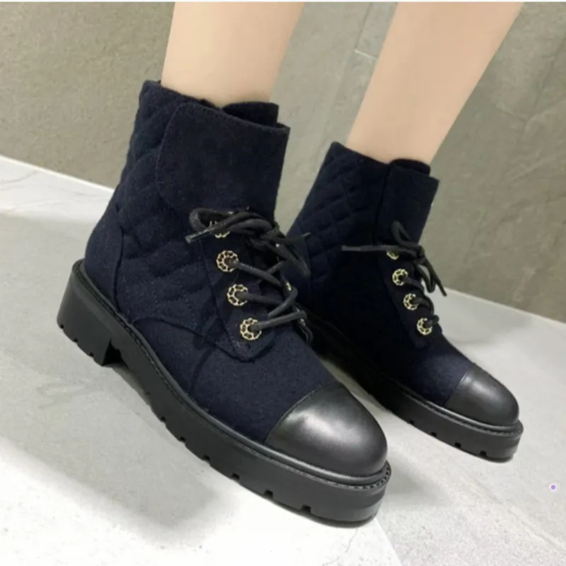 Fashion boots autumn and winter short lace up nude thick sole heel leather color matching Martin boots `s work motor vehicle women`s shoe Women` dress Leisure 42 factory