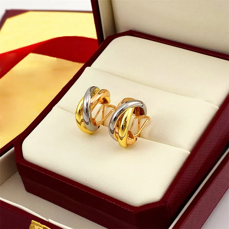 Designer-Ohrringe mit drei Ringen, Silber-Gold-Rosenohrringe, Damen-Ohrringe im luxuriösen Design mit glatten Diamanten