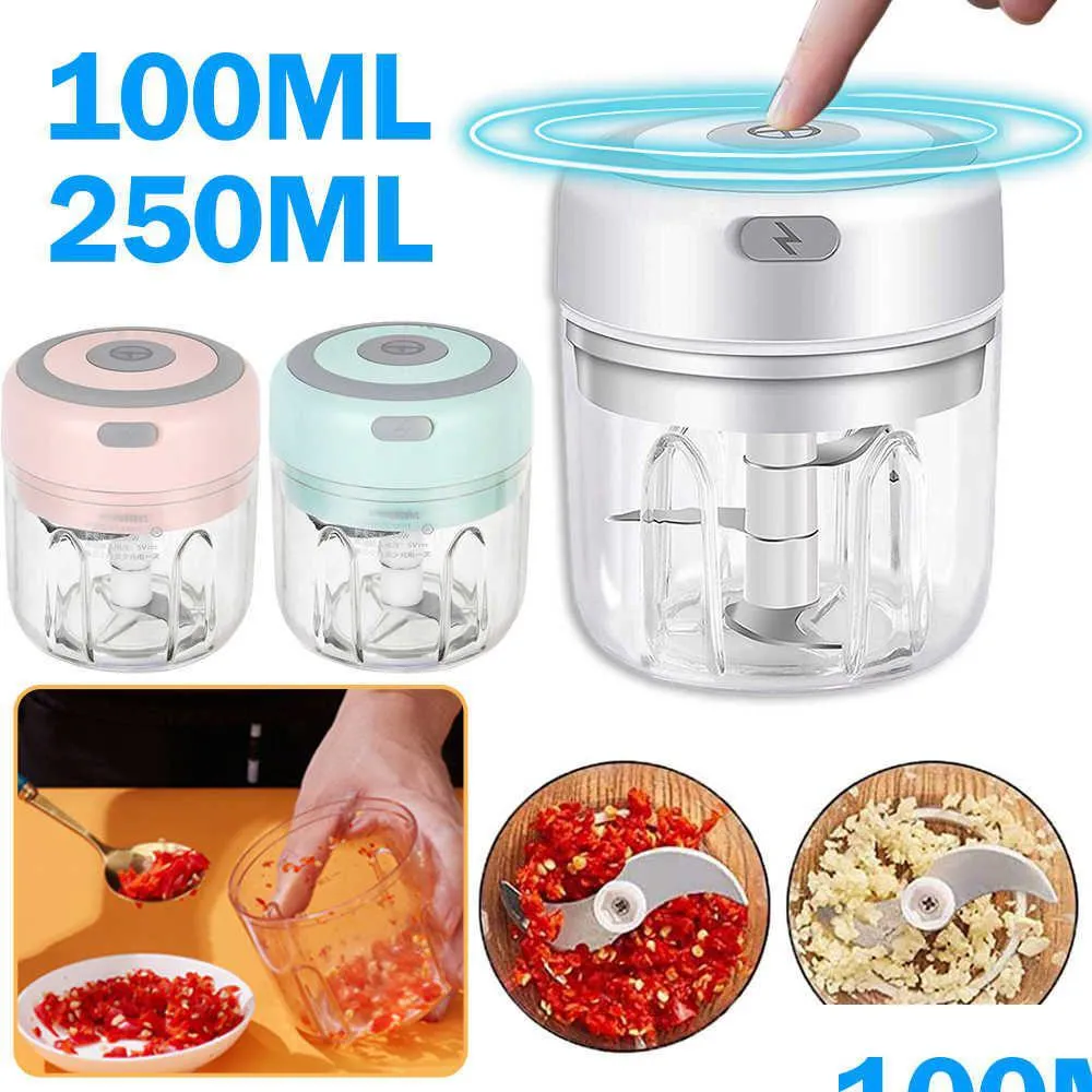 Fruit Groente Gereedschap Nieuwe 100 / 250Ml Mini Elektrische Knoflook Chopper Usb Opladen Gemberstamper Hine Stevig Duurzaam Chili Groente Crus Dhh9P