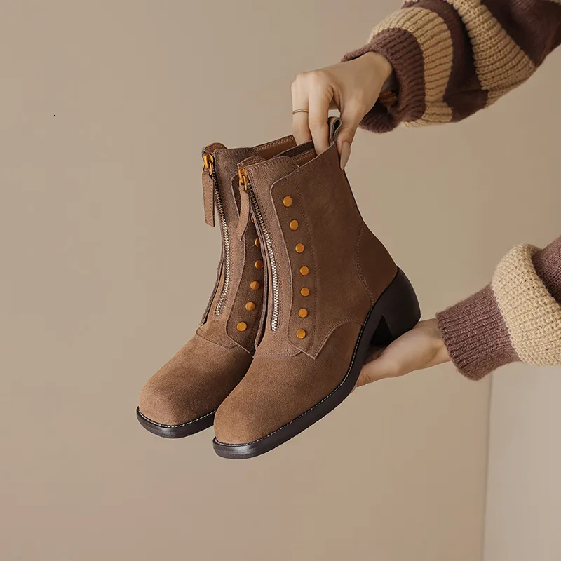 Botas oto o invierno Mujer botines cuero natural 2225cm ante vacuno piel de cerdo moderno Retro cremallera frontal corto 230907