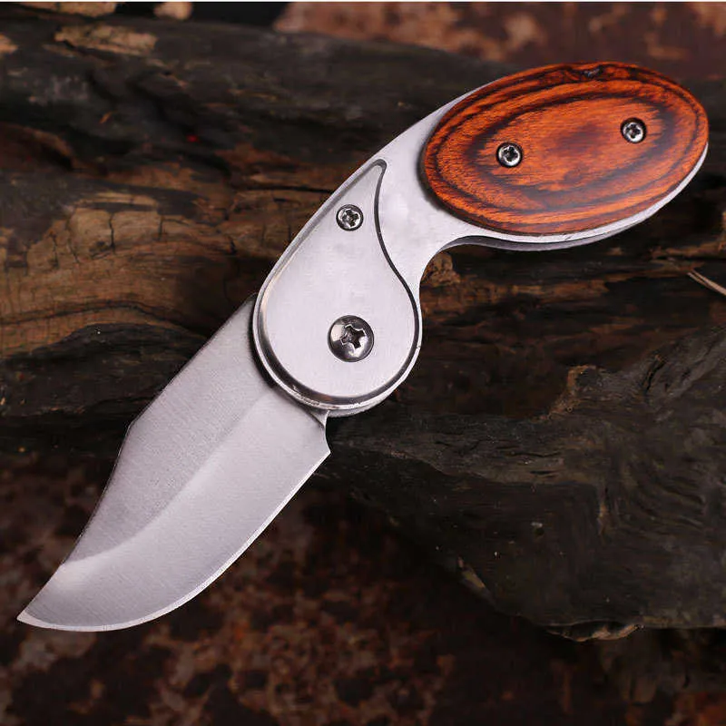 Mini coltello pieghevole multifunzione da esterno con manico in legno colorato, coltello portatile da caccia per autodifesa da campeggio JDQM