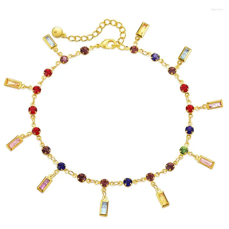 Anklets Allme Dainty 18k Real Gold Plated Brass Multicolor Square Round Cz Cubic Zirconia Akrylsträng för kvinnor Partihandel