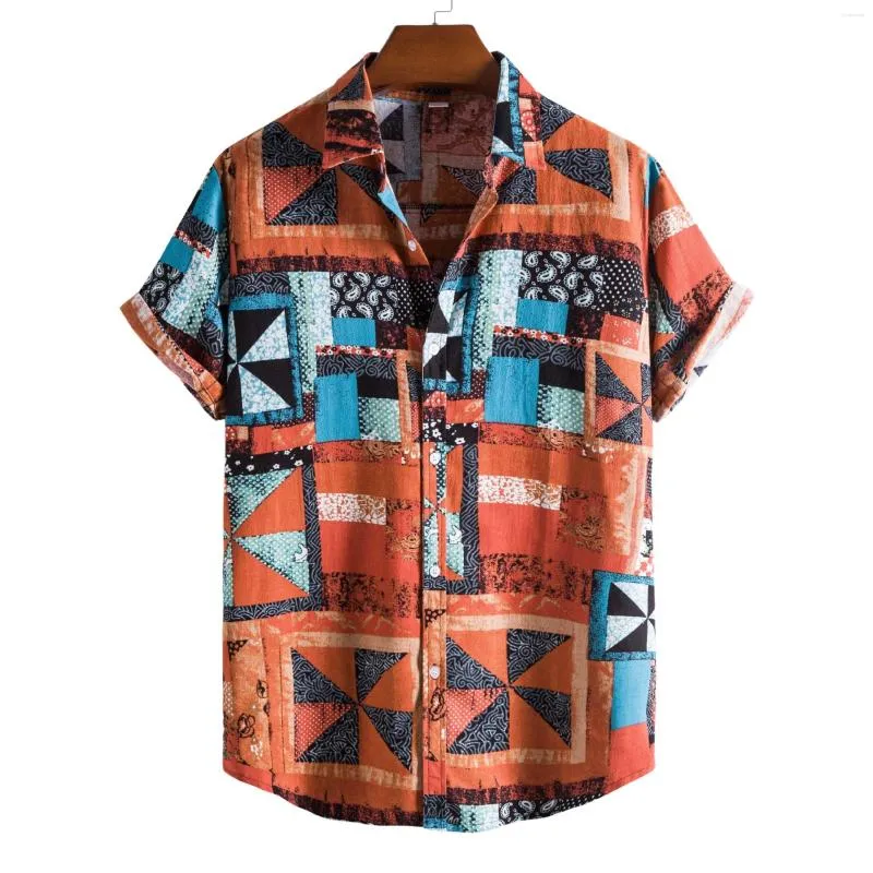 Mens floral printing ethnic style cotton top shirts short sleeve loose casual shirt tops