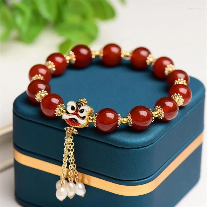 Buddha Stones Armband aus natürlicher Jade mit tanzendem Löwen-Charme für Wohlstand und Glück