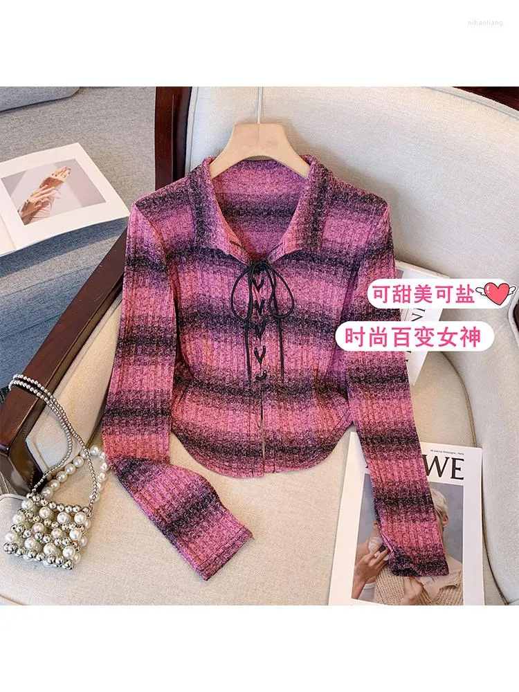 Cardigan à rayures roses pour femmes, pull tricoté Y2k années 90, Vintage à lacets, manches longues, coréen Harajuku Kawaii, vêtements d'automne