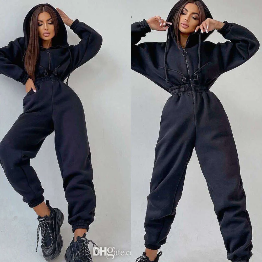 2023 Autumn Sports Jumpsuit Casual Bodysuit Solid Color Zip Up Hooded Hoodie Long Sweatpants Jumpsuits For Women Jogging Suit Outfits