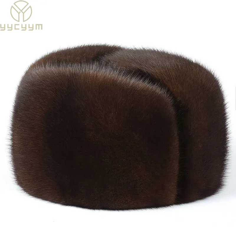 BeanieSkull Caps Winter Unisex Top Real Mink Fur Bomber Hat Male Genuine Marten Head Warm BlackBrown Gift For parent Gorras 230907