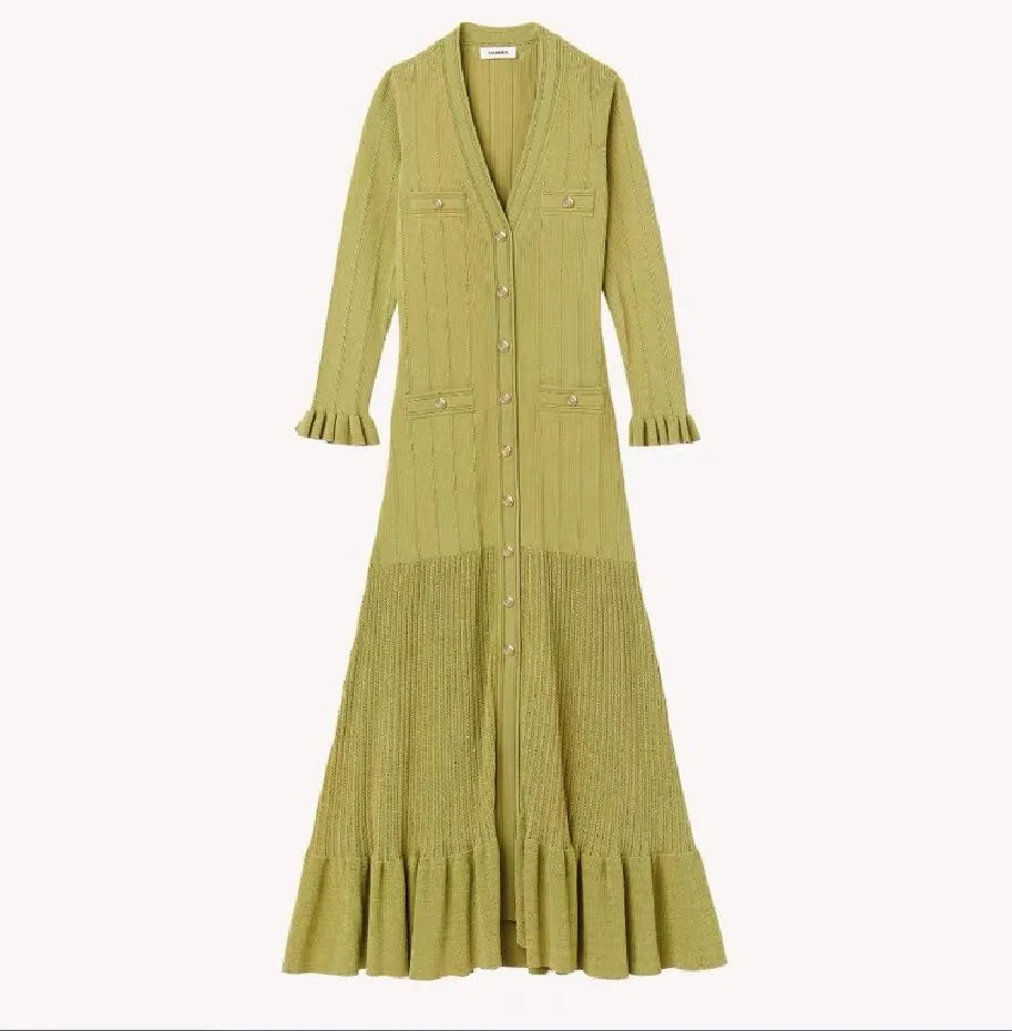 23 Printemps, été et automne nouveau S-sandro français robe tricotée à rayures paresseuses col en V bord à volants coupe ajustée robe longue tricotée vert herbe