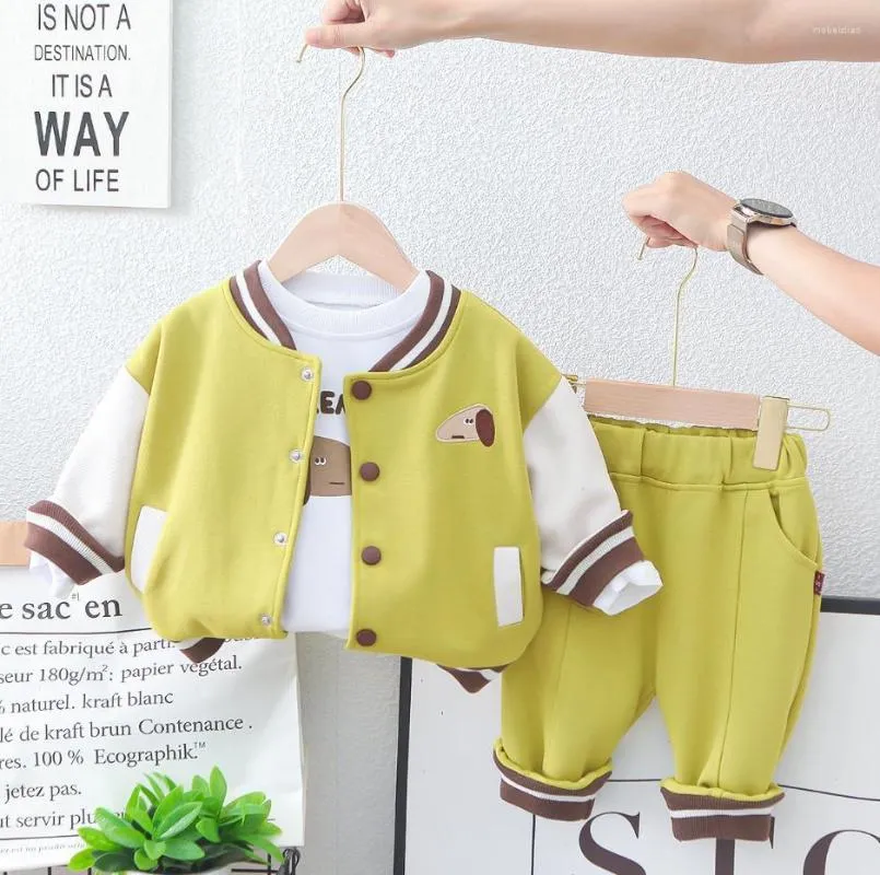 Kläduppsättningar Småbarn Boutique Baby Autumn Girl Cartoon Patchwork Cardigan Single-Breasted Baseball Jacket Shirts Pants Boys Outfits