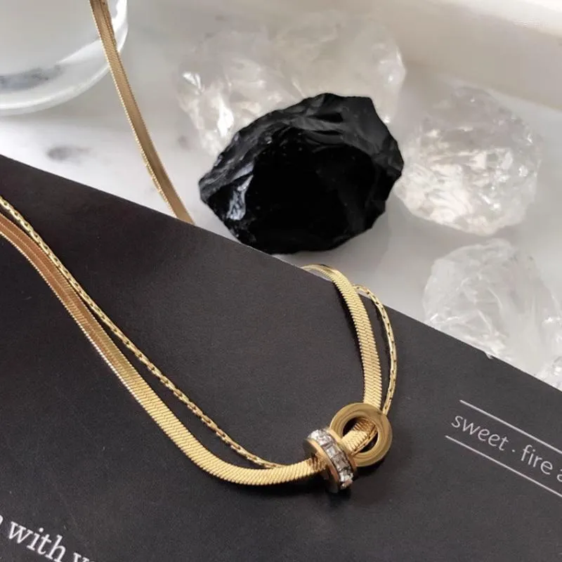 Colares de pingente círculos colar para mulheres zircão 2 camadas cor de ouro titânio aço charme moda jóias presente atacado (gn893)
