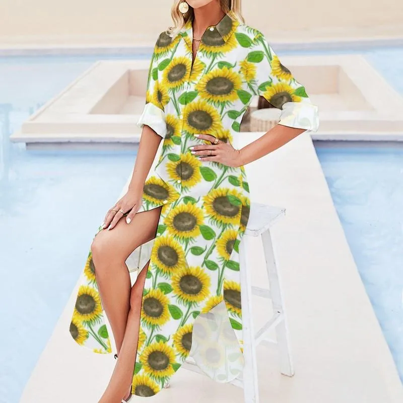 Sunflower Watercolor Dress - Stylish Long Sleeve Festival Dress with Nature Flower Leaves, V-Neck, and Customizable Big Size Chiffon for Casual