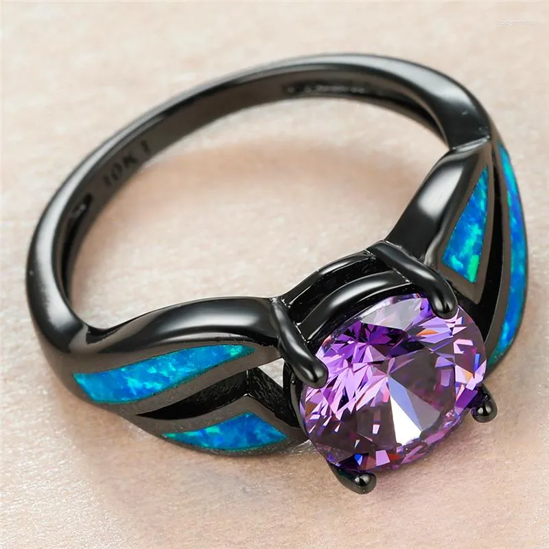 Wedding Rings Elegant Female Purple Round Crystal Ring Charm 14KT Black Gold For Women Promise Blue Opal Stone Engagement