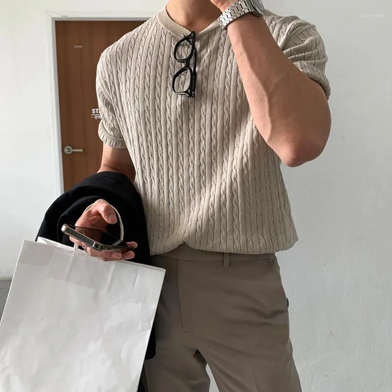 Men's T Shirts M-3XL Premium Knited T-Shirt Casual Korean Streetwear Khaki Short Sleeve Slim Solid Color O Neck Tees Summer Luxury