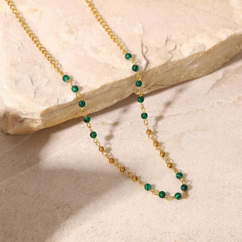 Pendentif Colliers Français Mode INS Style Collier Vert Malachite Perles Vintage Petit Acier Inoxydable Femmes Hommes