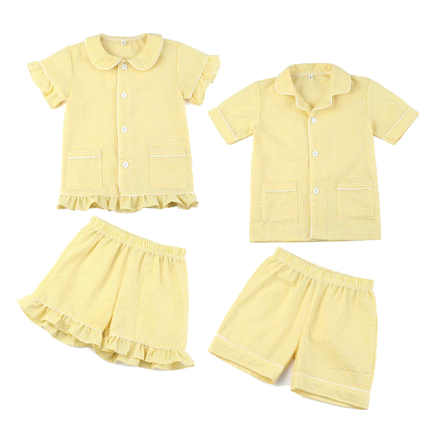 Pigiama estivo per bambina Pigiama per bambini Pigiama pasquale in cotone Seersucker Set di vestiti per ragazzi 230906