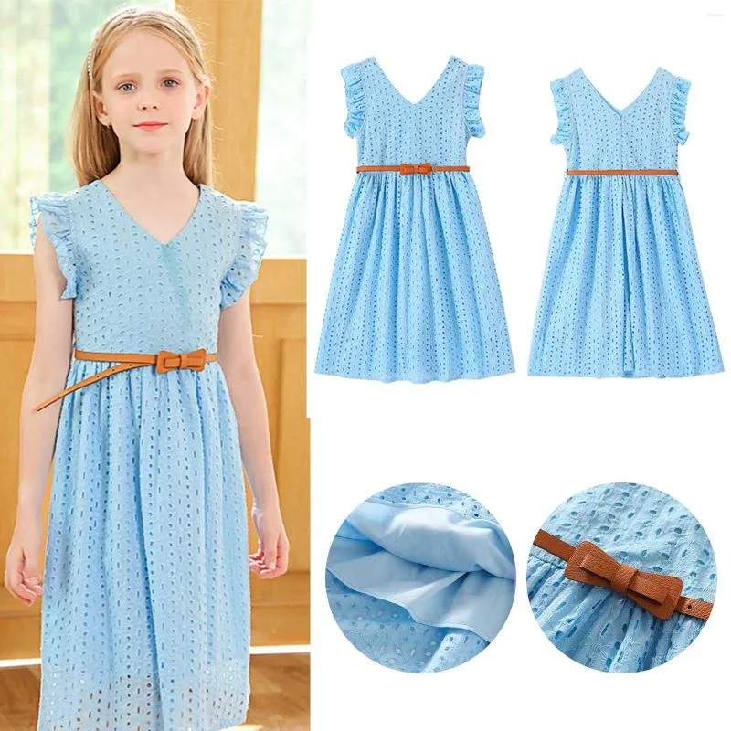 Vestidos para meninas de 1 a 6 anos, vestidos pequenos com manga voadora e decote em V simples e estampados para meninas de 1 a 6 anos, outono 2x