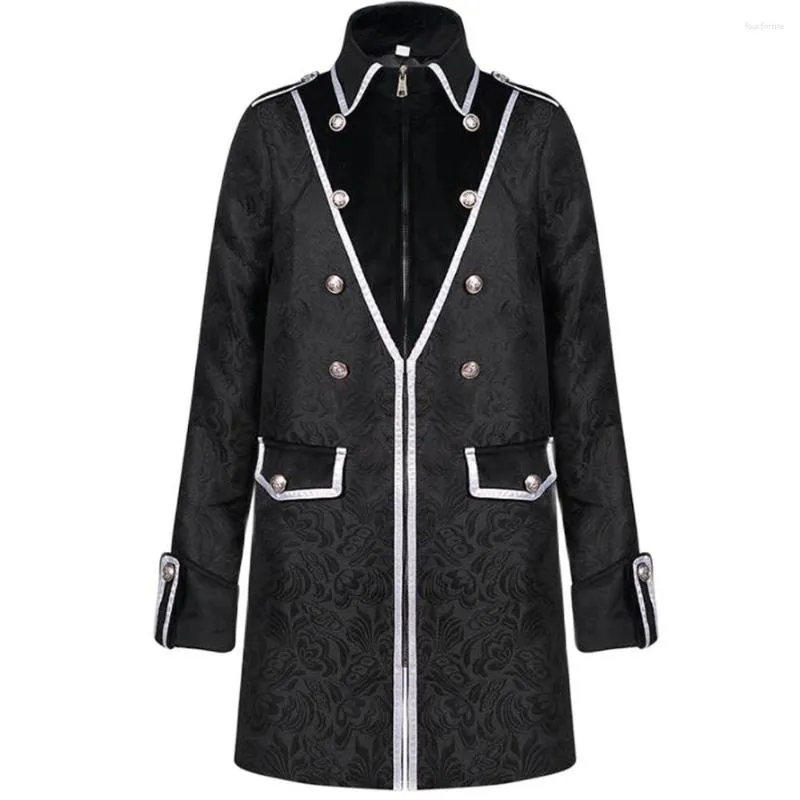 Men's Trench Coats European American Outerwear Medieval Men Fashion Retro Jacket Stand Collar Jacquard Coat Gothic Overcoat Dress Up Black