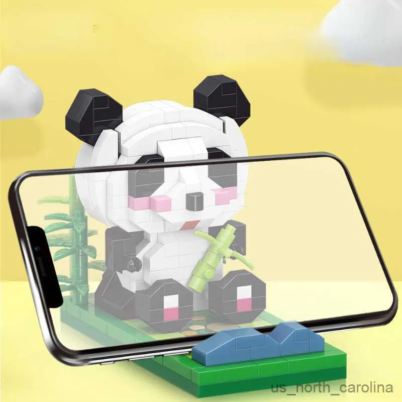 Bloklar Mikro Yapı Blokları Panda Cep Telefonu Braketi Elmas Oyuncaklar Erkek Kızlar Hediyeleri İnşaat Blokları Oyuncak R230907