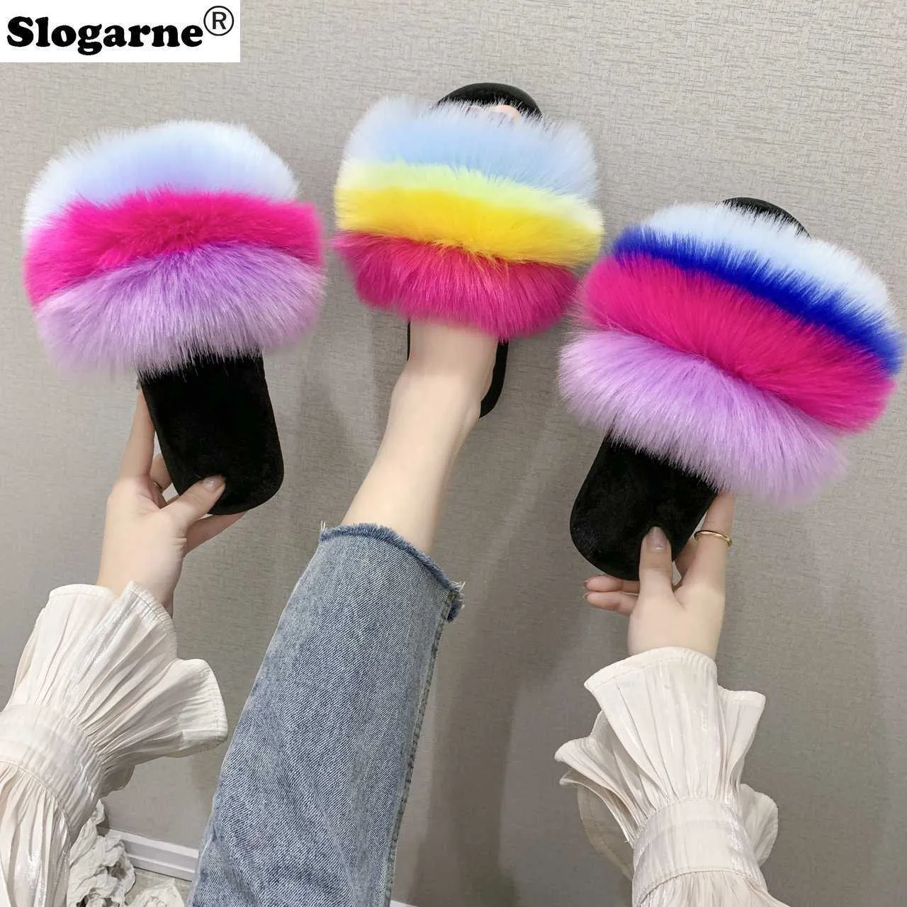 Slippers Nep Vossenbont Slippers Dames 2023 Thuis Schoenen Outdoor Echt Bont Slides Harige Sandalen Meisjes Zomer Pluizige Bont Schoenen Flats Slippers X0905