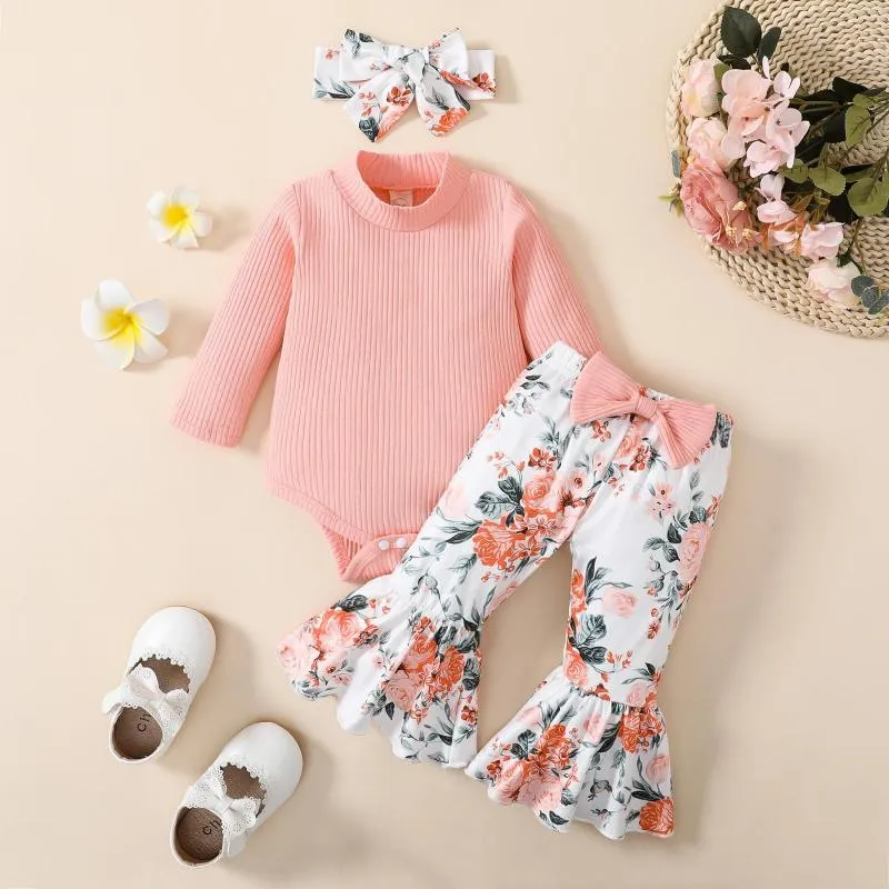 Conjuntos de roupas 0-24 meses nascidos infantis meninas roupas manga longa com nervuras bodysuit floral impresso bell bottoms calças headbands outfits