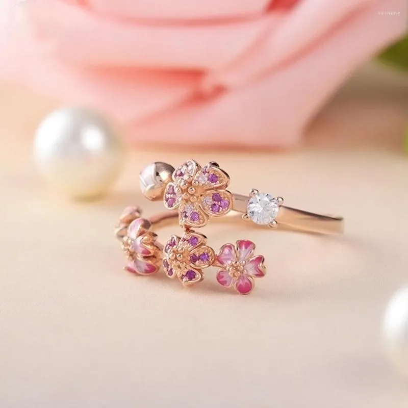 Sterling Silver Cluster Rings for Women Pink Peach Blossom Flower Branch Open Ring Unique Gifts Jewelry 2024