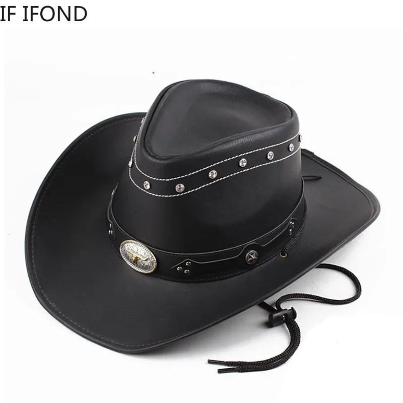 Large bord chapeaux seau classique 100 cuir Western Cowboy chapeau pour hommes Gentleman papa parrain casquettes Panama Cowgirl Jazz Sombrero Hombre 230907