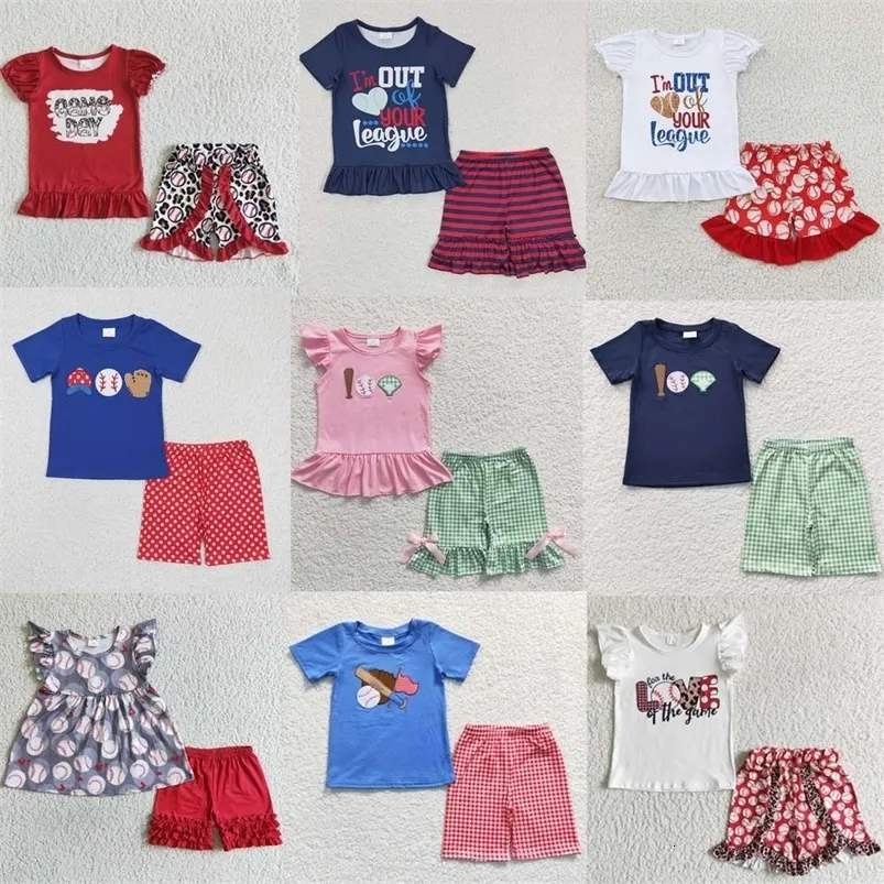 Maillots en gros bébé fille garçon baseball été ensemble jeu balle manches courtes haut t-shirt enfant en bas âge enfants amour shorts enfants tenue 230906