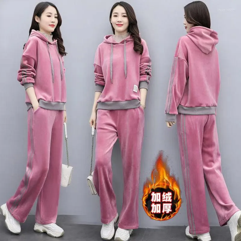 Sweats à capuche pour femmes velours doré épaissir pull décontracté costume femmes hiver double face plus cachemire à capuche pantalon large deux pièces