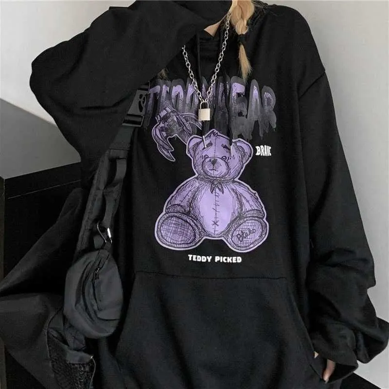 Deeptown Gothic Streetwear Bear Print Grey Oversize Hoodies Women Black Punk Hip Hop Par Lång ärm Sweatshirt Mall Goth Top
