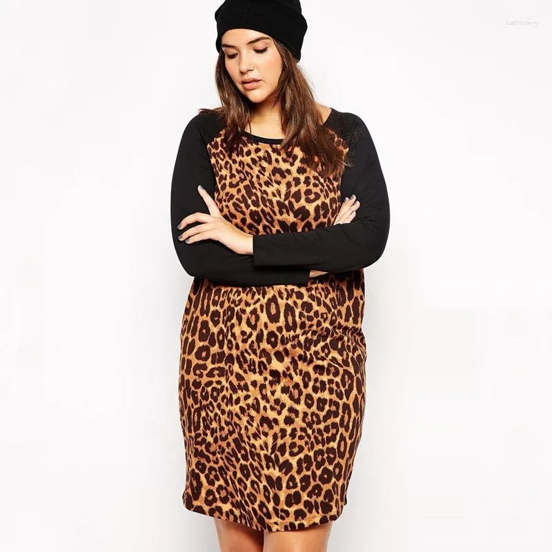 Plus Size Kleider Sommer Frühling Casual Leopard Kleid Frauen Langarm Lose T-shirt T-stück Weibliche Große Gerade Tunika 6X
