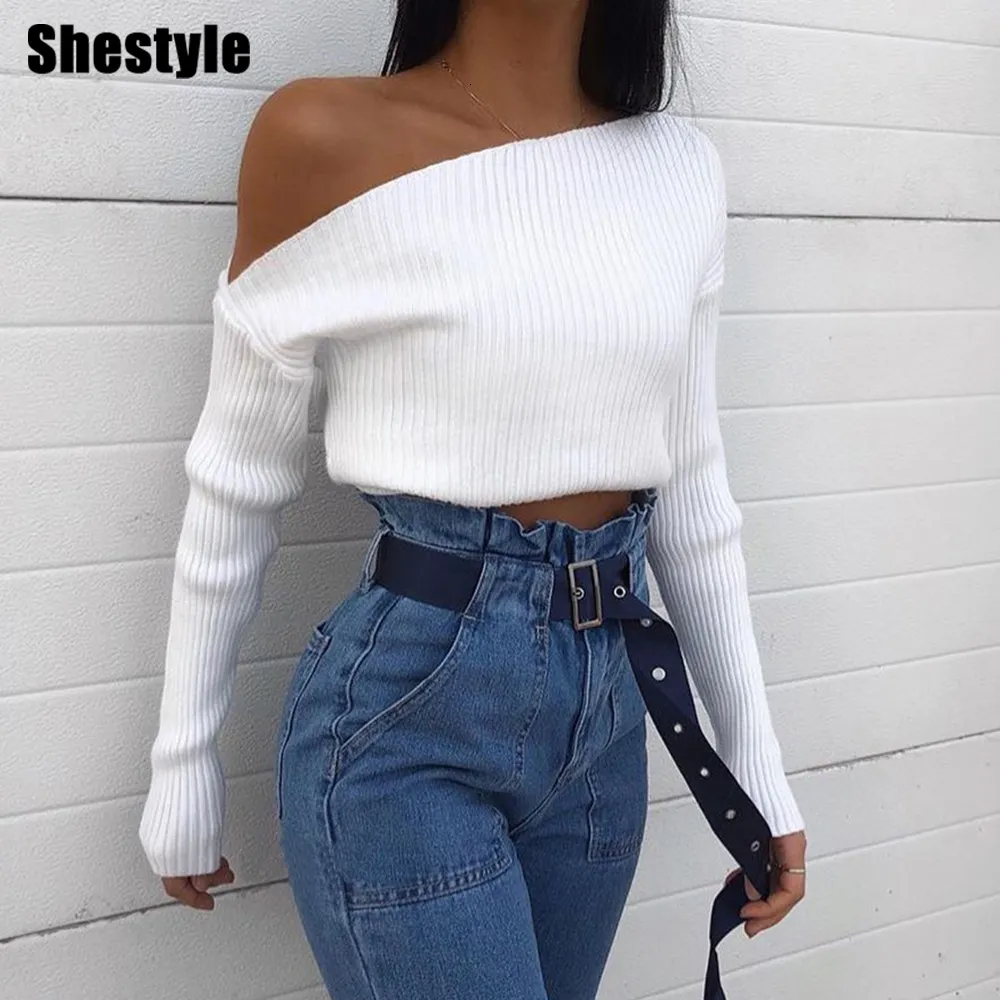 Kvinnor stickar Tees Shestyle Slope Neck Sticked Elastic Sweaters Women Solid Plaid Texture Slash Neck Cold Shoulder Autumn Winter Basic Tops 230906