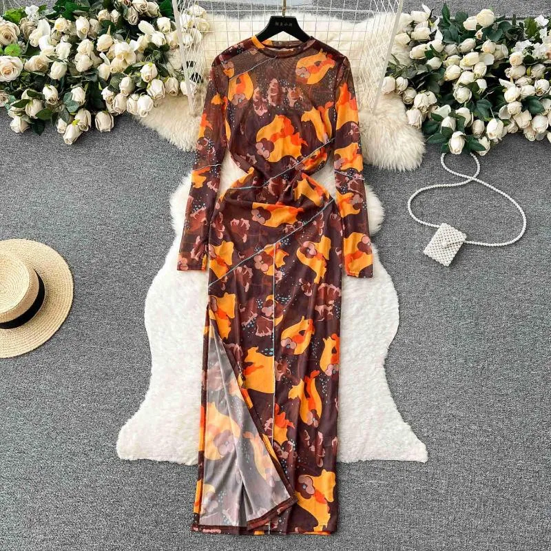 Casual Dresses European American Spicy Girl Style Fragmented Flower Tulle Dress For Women Summer Autumn Long Sleeve Split Mesh