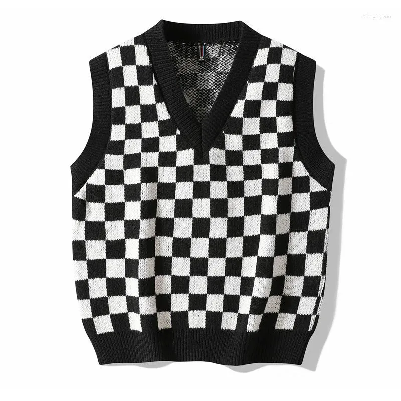 Men's Vests Men Sleeveless Jumpers Plaids Knit Sweater Tops Pullover V Neck Thick For Autumn Winter Checked Checkboard England Style A192