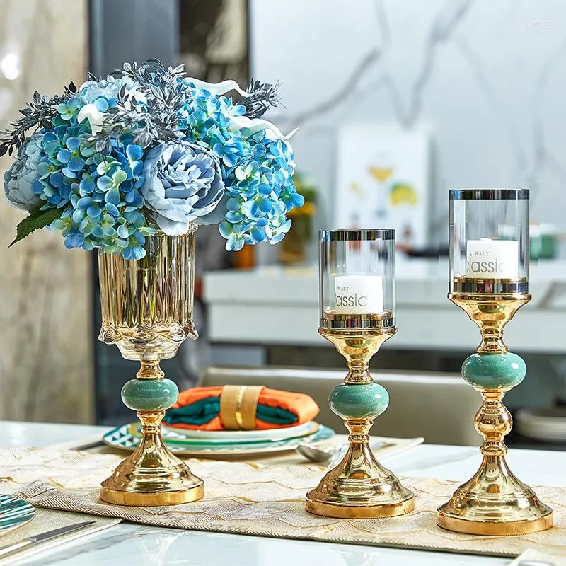 Vases Light Luxury Gold Metal Crystal Glass Vase European Model House Living Room Table Tops Decorative Set