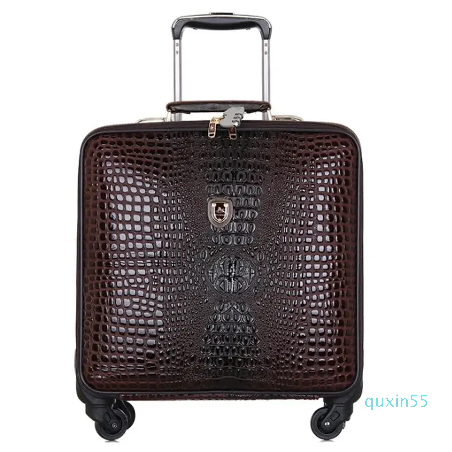 Retro Luggage 16 Inch Men Commercial PU Crocodile Pattern 4 Wheels Trolley Travel Suitcase Bag Woman Computer Bags