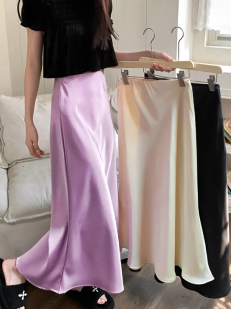 Jupes élégantes femmes taille haute soie Satin une ligne jupe dame mode couleur unie violet longue pour les femmes 2023 230906