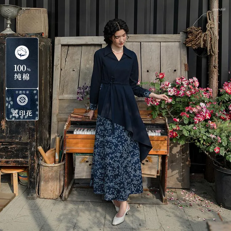 Casual Dresses A Life On The Left Women Blue Calico Dress Long Sleeves Cross Breasted V-neck A-shaped Cotton Irregular Ruffle Edge Skirt