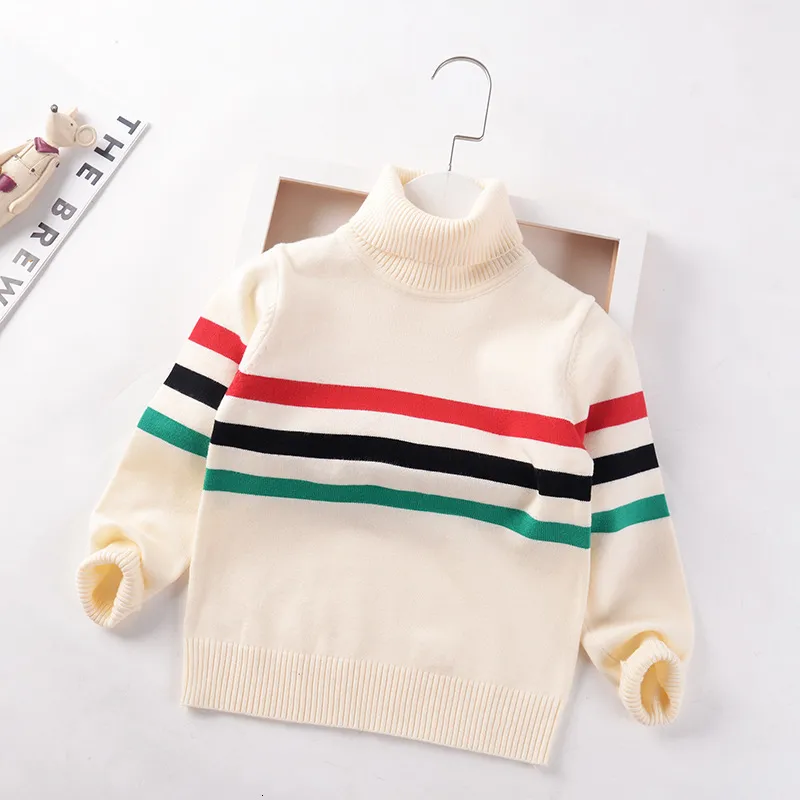 Пуловер, свитер с высоким воротником для мальчиков, зимний хлопок, 2023 г., полосатые вязаные свитера для девочек, детские базовые топы для детей от 4 до 10 лет, 230906