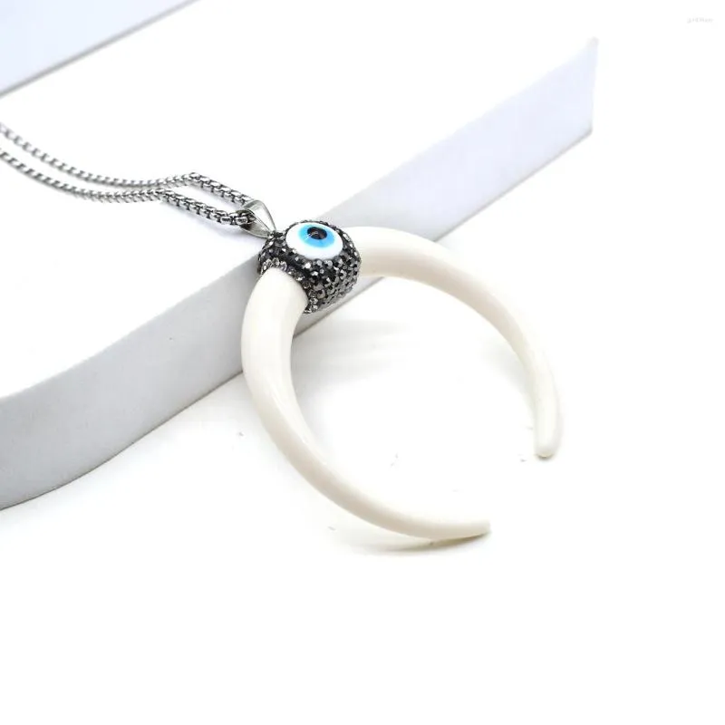 Pendant Necklaces 60x60mm Natural Gem Stone Crescent Necklace Inlay Devil's Eye Jewellery Stainless Steel 60cm Mens 1pc