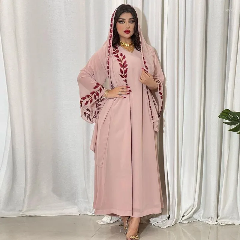 Roupas étnicas Chiffon Floral Bordado Abaya Hijab Vestido V Pescoço Árabe Muçulmano Dubai Marroquino Caftan Define Kaftan Turquia Islam Robe