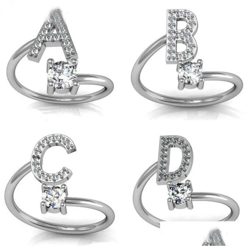 Band Rings Fashion 26 Letters Sier Ring for Women Rhinestone Open A-Z Inledande bokstav Finger Kvinnliga engagemangsmycken Party Gift Drop DH4M7