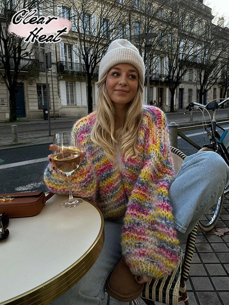 Women's Knits Tees Rainbow Stripe Printed Knitted Cardigan Sweater Women Cropped Crochet Lantern Sleeve Sweater Lady Streetwear Cardigans 230906