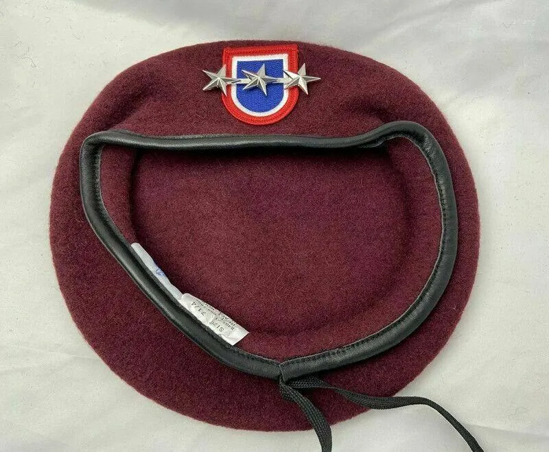 Bérets Us Army 82nd Airborne Division LAINE Béret rouge violacé Officier 3 étoiles Lieutenant Général Grade Chapeau Toutes Tailles