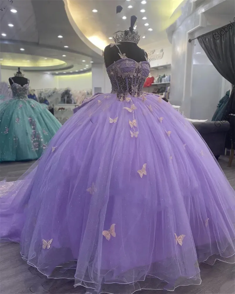 Lilas violet chérie robe de bal robe de Quinceanera pour les filles arc papillon robes de fête d'anniversaire perlée robe de bal De 15 Anos