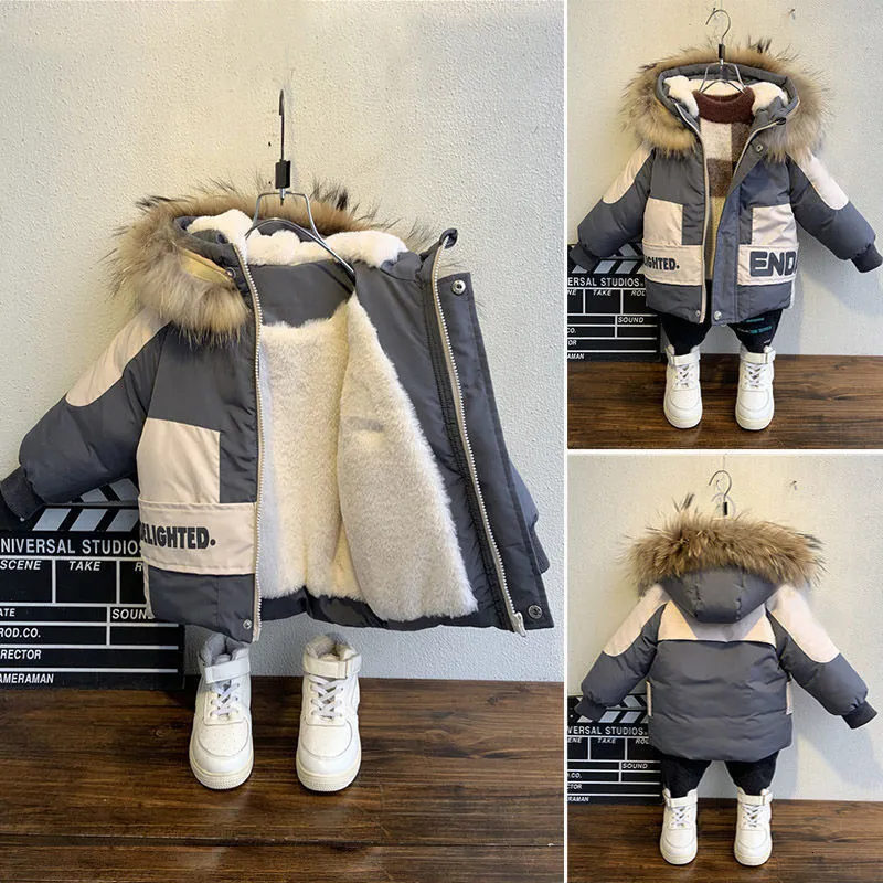 Vestes Hiver garçons manteau 2023 bébé col de fourrure à capuche coton plus velours épaissir veste chaude pour enfants parka 2 8 ans enfants vêtements 230906