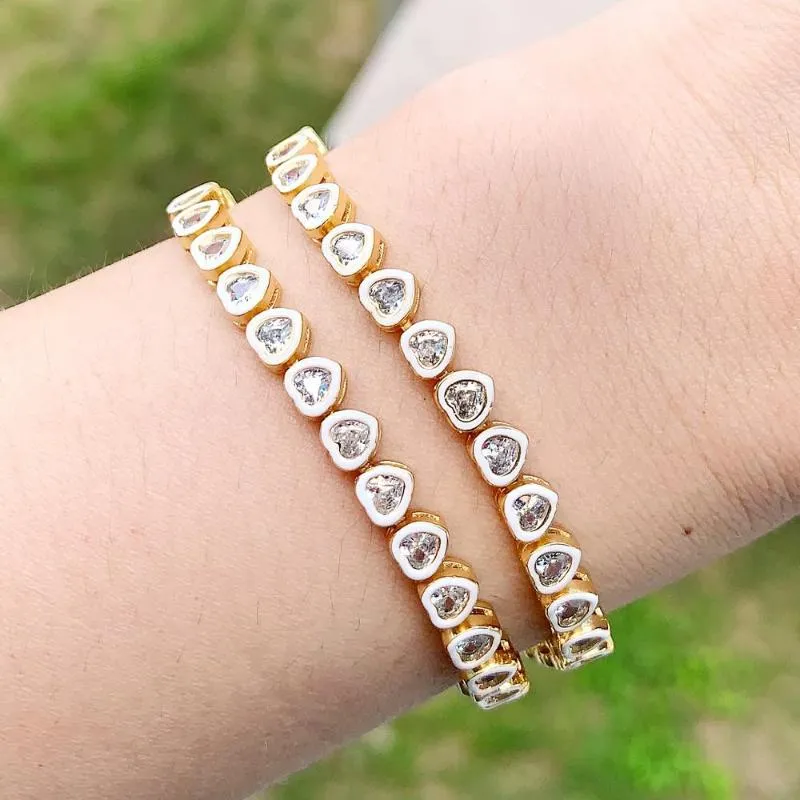 Charm Bracelets 2023 Fashion Gold Plated Micro Pave Clear CZ White Enamel Heart Shaped Tennis Chain Bracelet Bangle Jewelry For Women