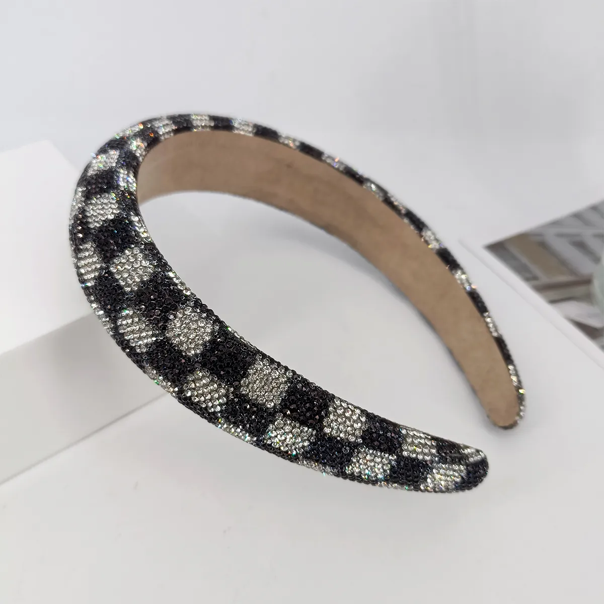 3.2cm wide sponge fabric checkerboard headband set with diamonds hair accessories headband for Women